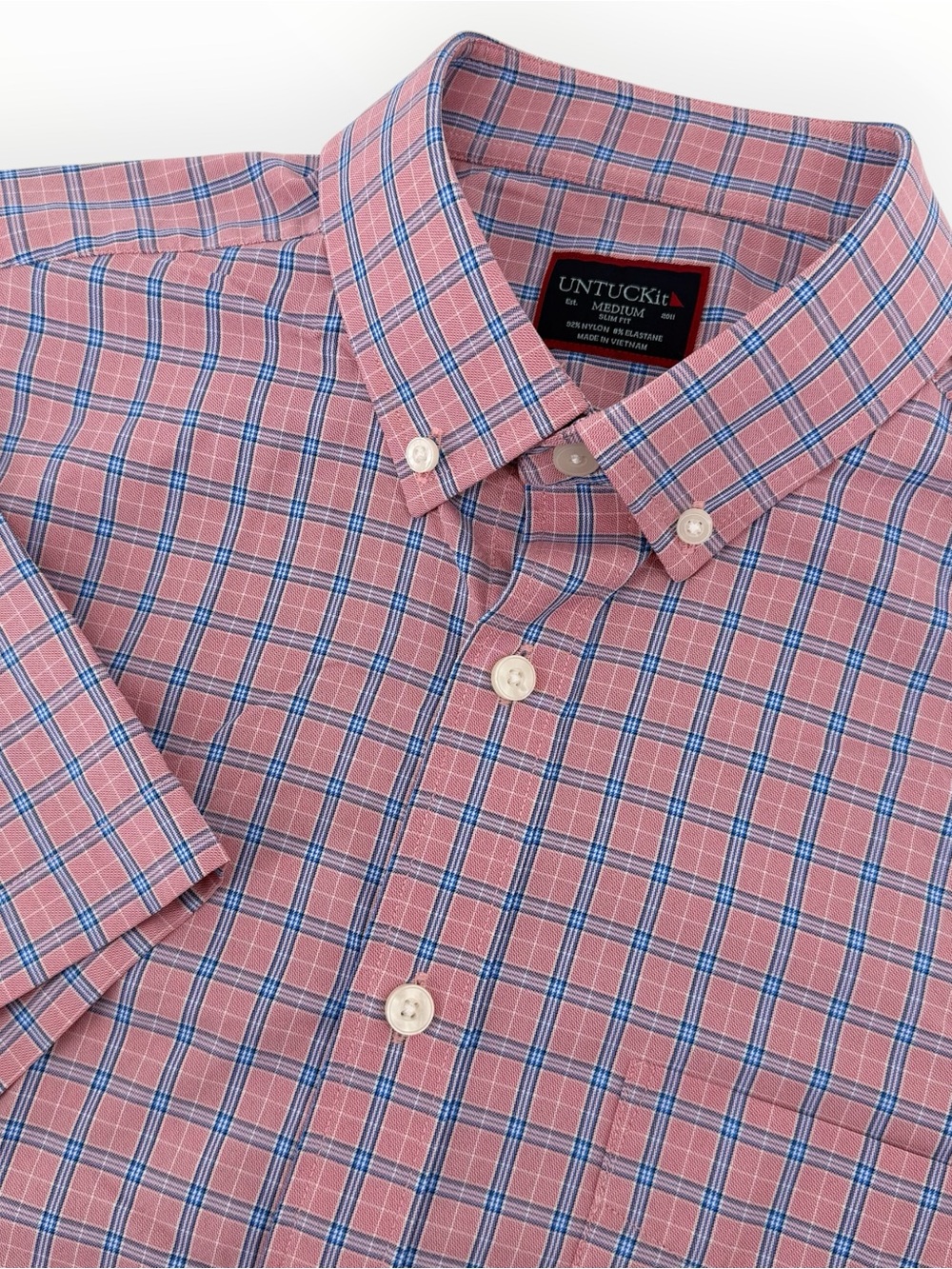 UNTUCKit Pelleriti Short Sleeve Shirt Slim Fit Mens Med Pink Blue Plaid Gorpcore